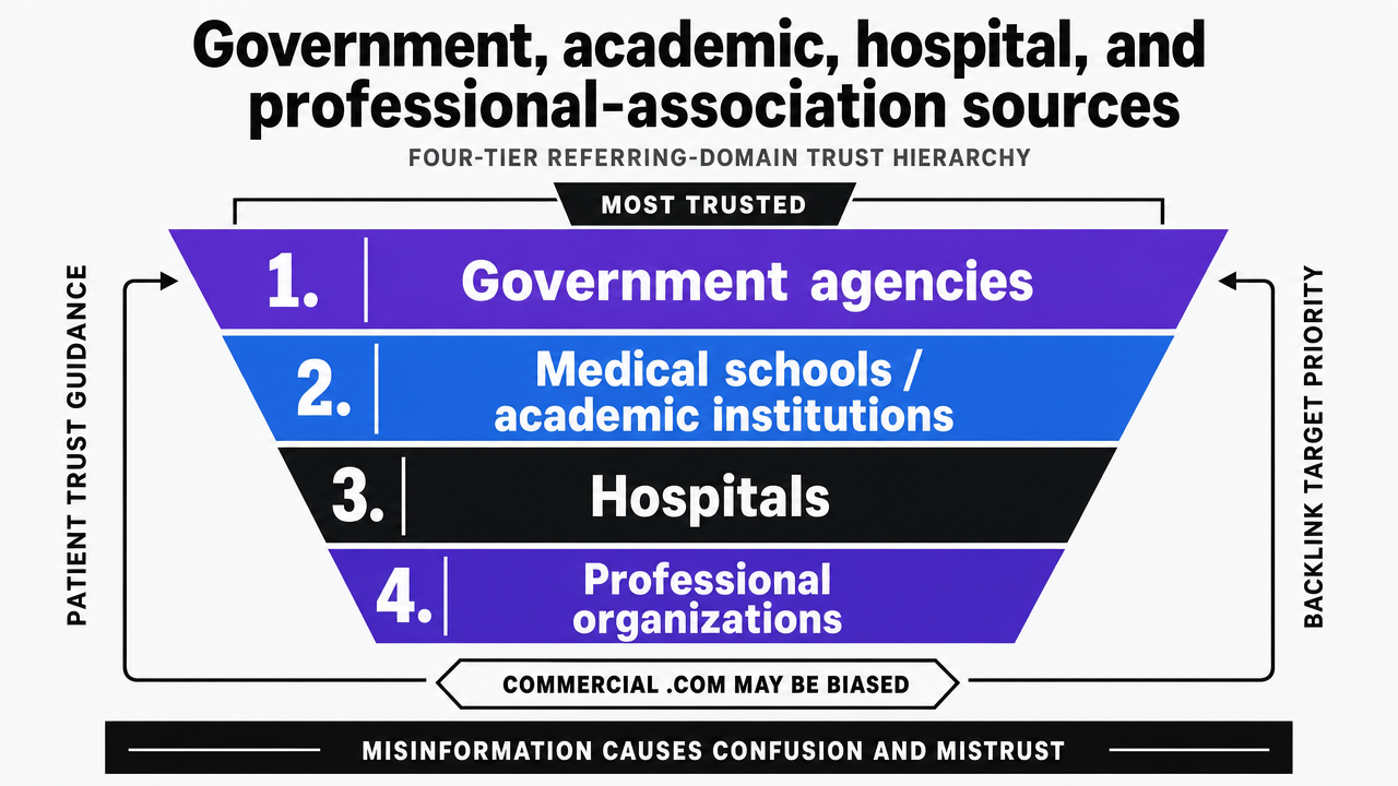 Visualize the four-tier referring-domain trust hierarchy patients are taught to use, which is the framework this section establishes for prioritizing backlink targets