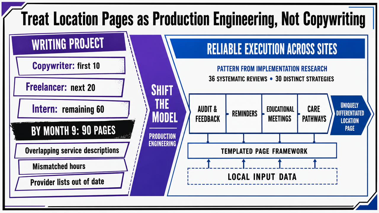 Visualize the structured production pipeline that turns a templated location page into a uniquely differentiated asset using local input data, directly supporting the section's argument