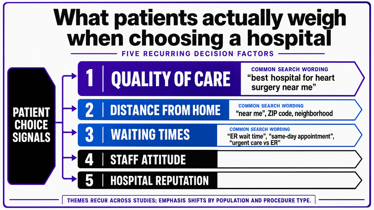 Visualize the five recurring patient hospital-choice factors cited from the systematic review, giving readers a scannable framework for keyword prioritization