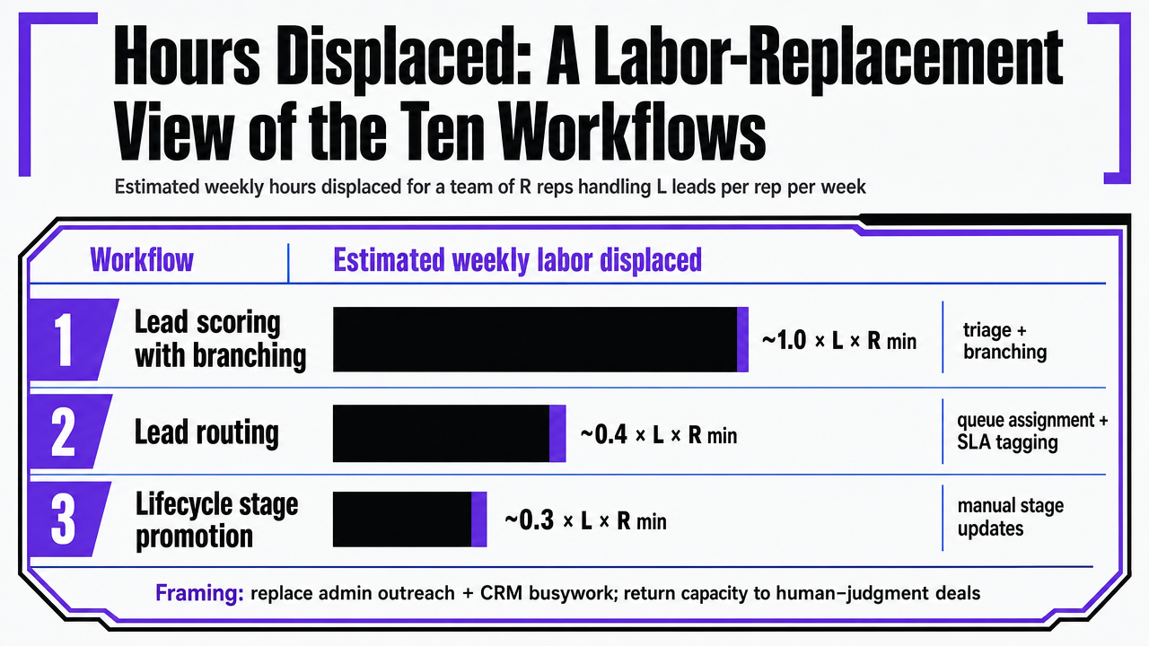 Visualize the relative weekly labor displacement across the ten workflows referenced in the section, supporting the labor-replacement framing