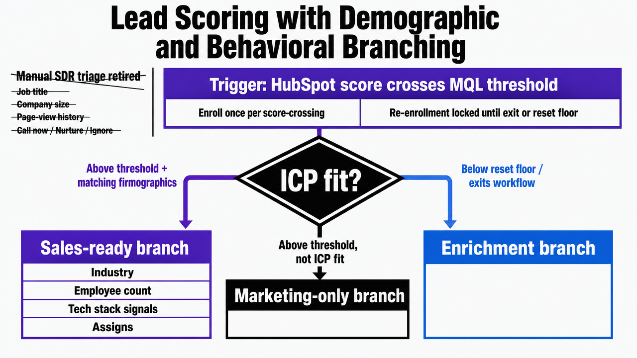 Visualize the three-branch decision tree described in the section (sales-ready, marketing-only, enrichment) to clarify the workflow's branch logic