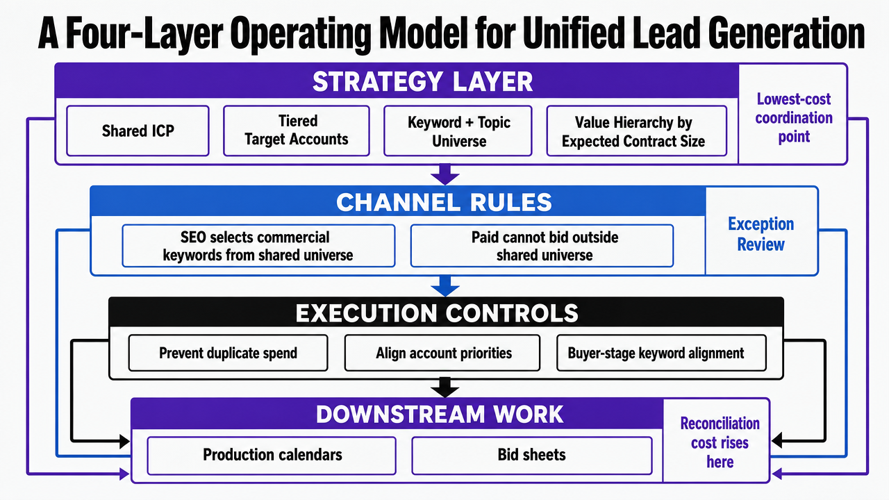 Visualize the four-layer operating model described across the section's subsections, showing how each layer inherits from the one above it