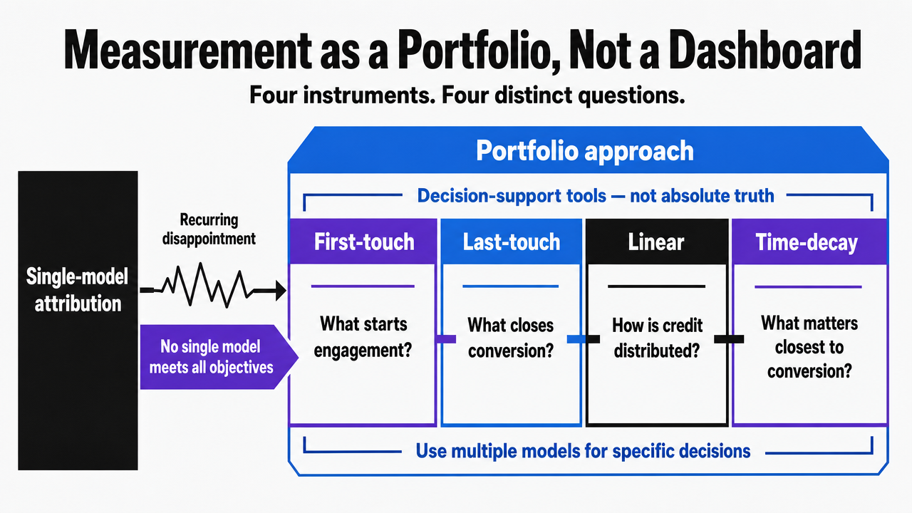 Illustrate the four-instrument measurement portfolio described in the section, showing how each instrument answers a distinct question