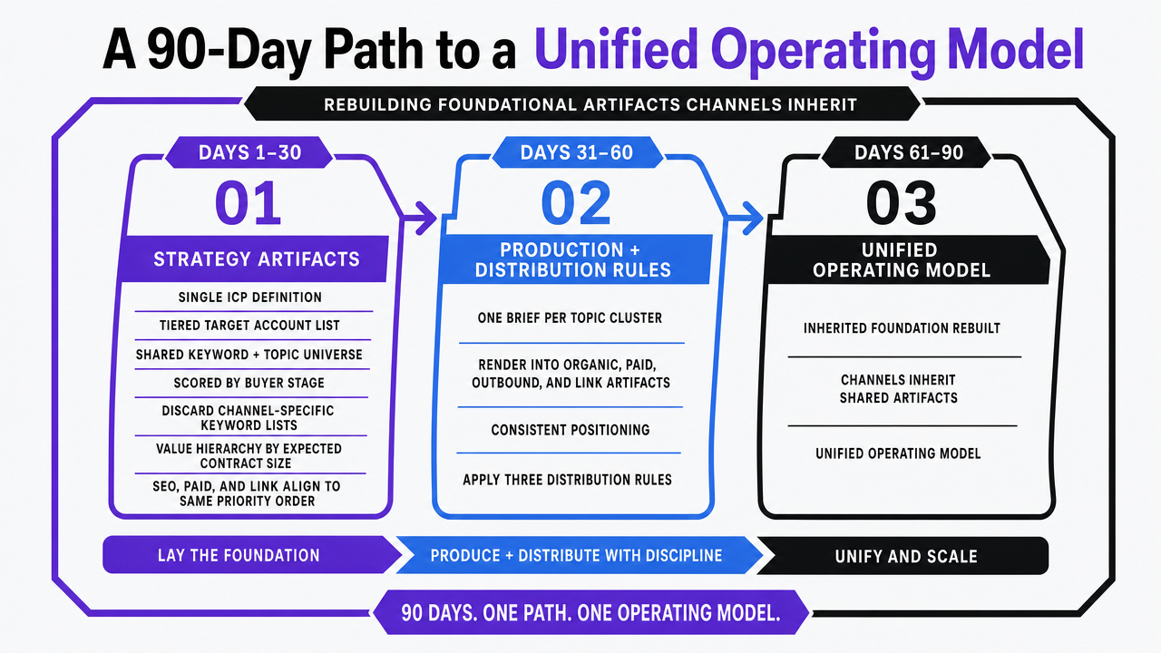 Visualize the three sequential 30-day phases of the implementation roadmap described in the section