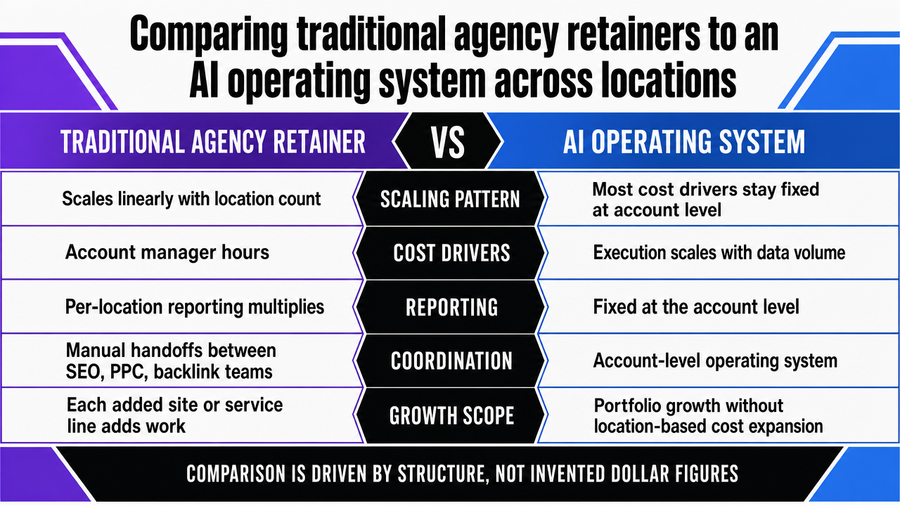 Render the section's comparison table as a clean side-by-side framework so readers can scan the structural cost-driver differences between traditional agency retainers and an AI operating system