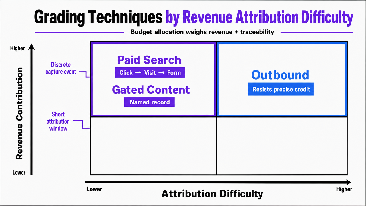 Two-by-two matrix infographic visualizing the section's explicit framework of revenue contribution versus attribution difficulty across lead generation techniques