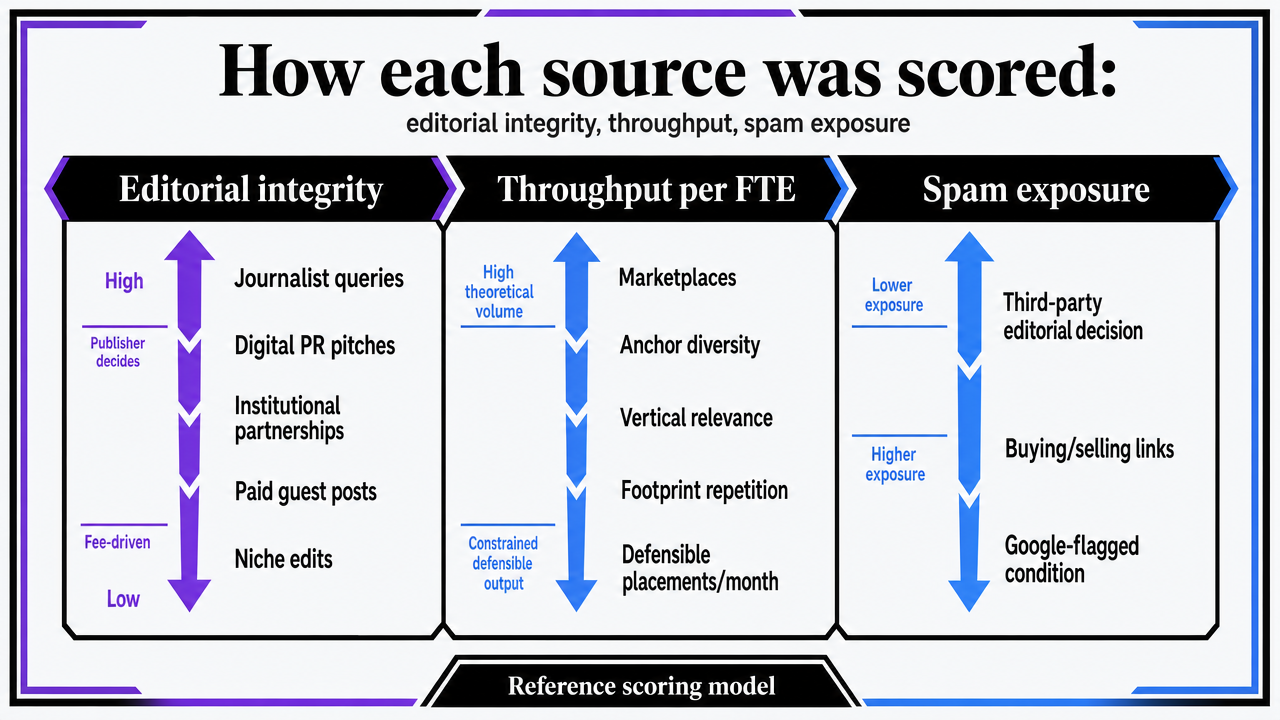 Visualize the three-axis scoring framework the article uses to evaluate every link source, giving readers a reference model for the listicle that follows
