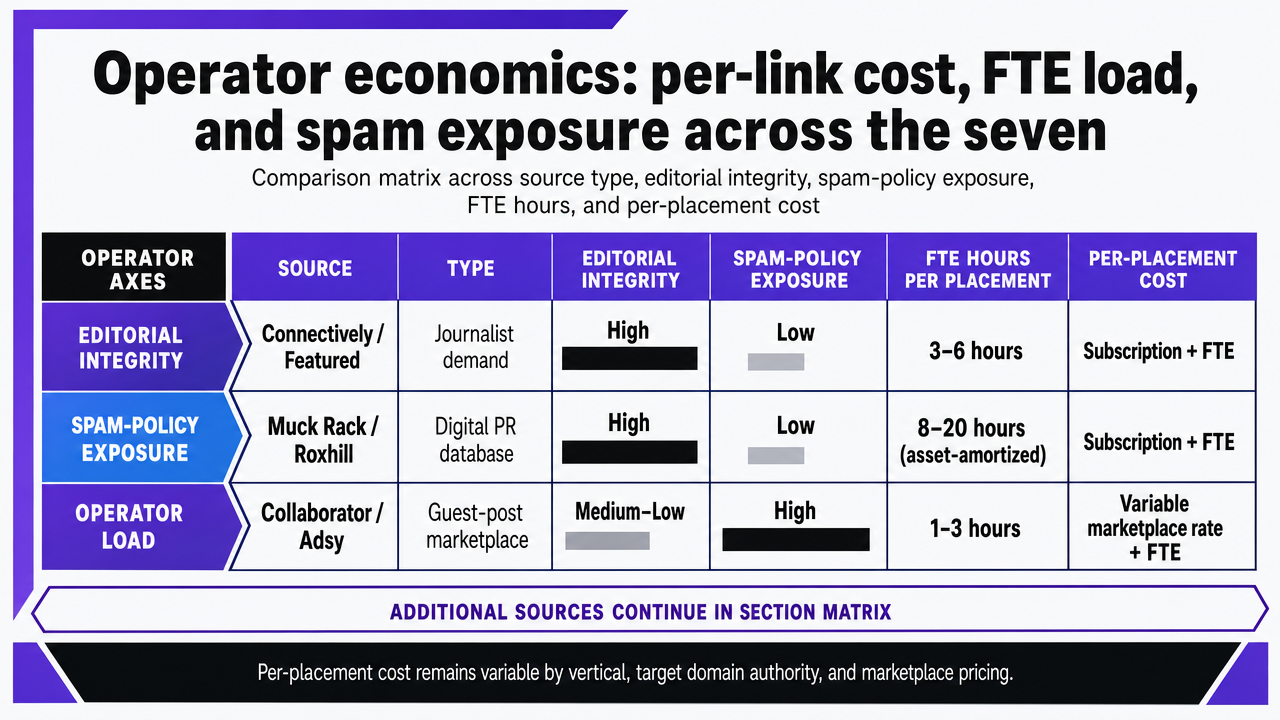 Render the in-article comparison table as a scannable matrix infographic since the section explicitly compares seven sources across editorial integrity, spam exposure, FTE hours, and cost
