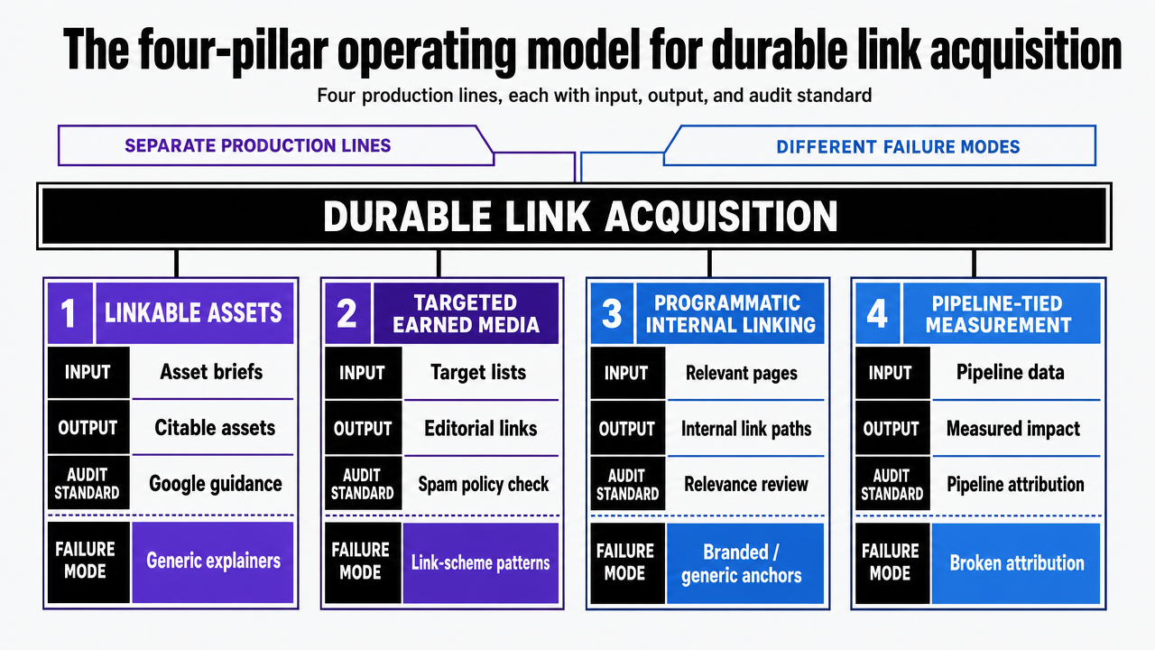 Visualize the four production pillars described in the section as a clear operating model framework readers can scan
