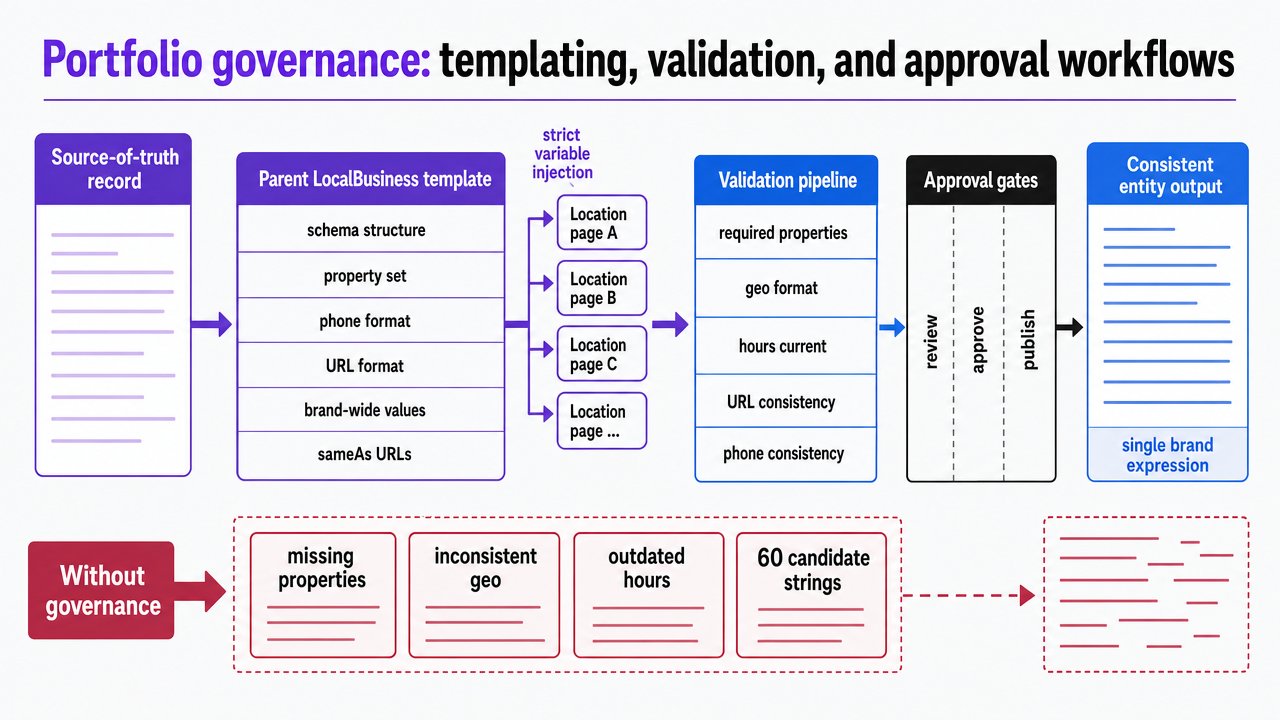 Visualize the governance pipeline described in this section—source-of-truth record flowing through template inheritance into validation pipeline with approval gates