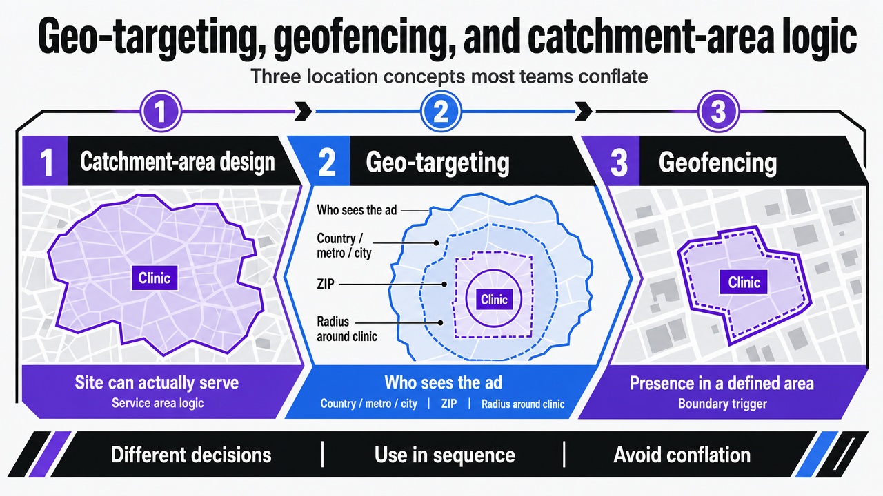 Visualize the sequential relationship between catchment-area design, geo-targeting, and geofencing, which the section explicitly orders as a three-step conceptual framework