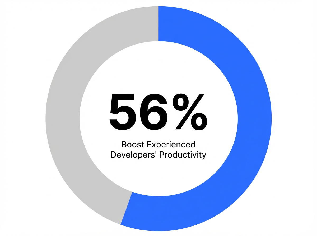 Infographic showing Productivity Speed Increase for Experienced Developers Using GitHub Copilot: 56%