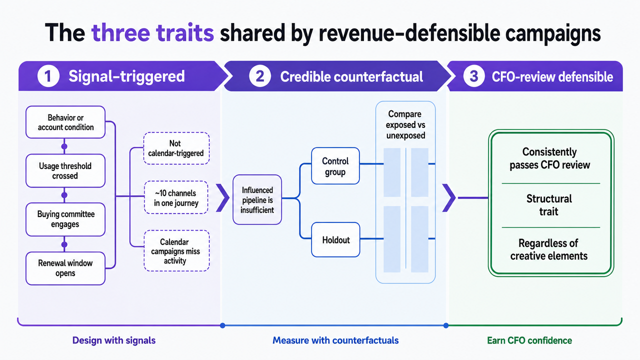Visualize the three structural traits as a clear framework that supports the section's argument about what makes campaigns revenue-defensible