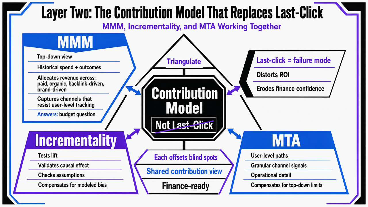 Illustrate the triangulation of MMM, Incrementality, and MTA described in the section, showing how each method compensates for the others' blind spots in the contribution model