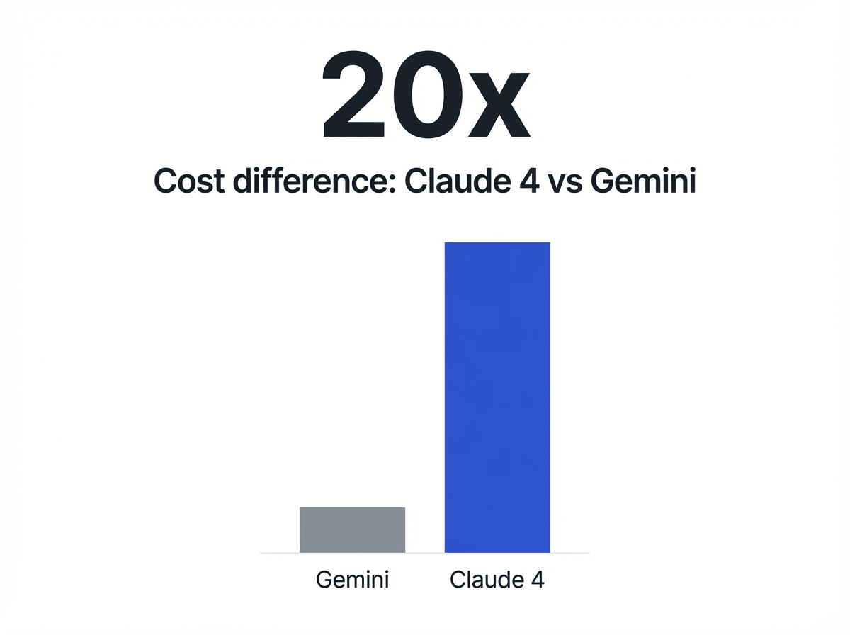 Infographic showing Cost difference: Claude 4 Sonnet vs. Gemini 2.5 Flash for coding tasks: 20x