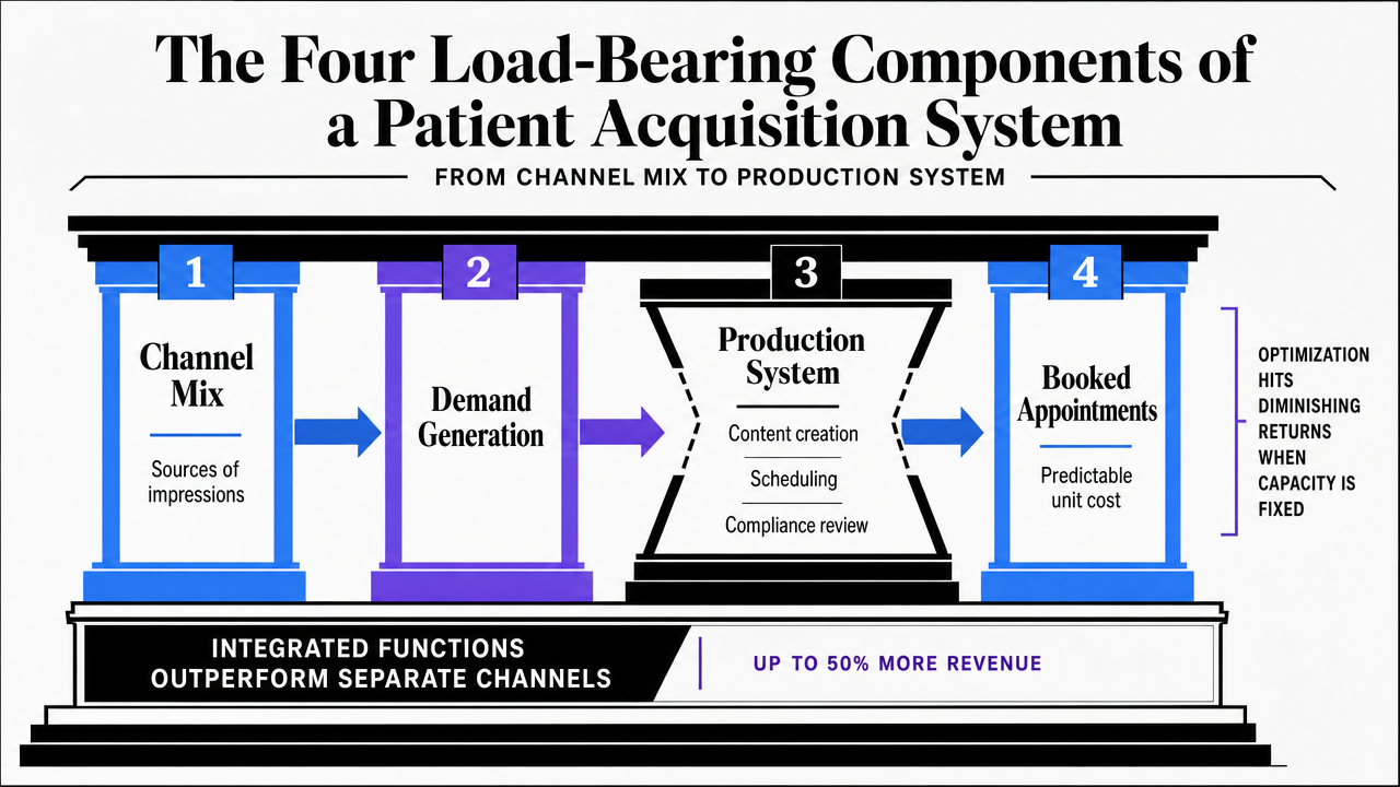Visualize the four load-bearing components of the patient acquisition system as described in the section, giving readers a structural reference for the rest of the article