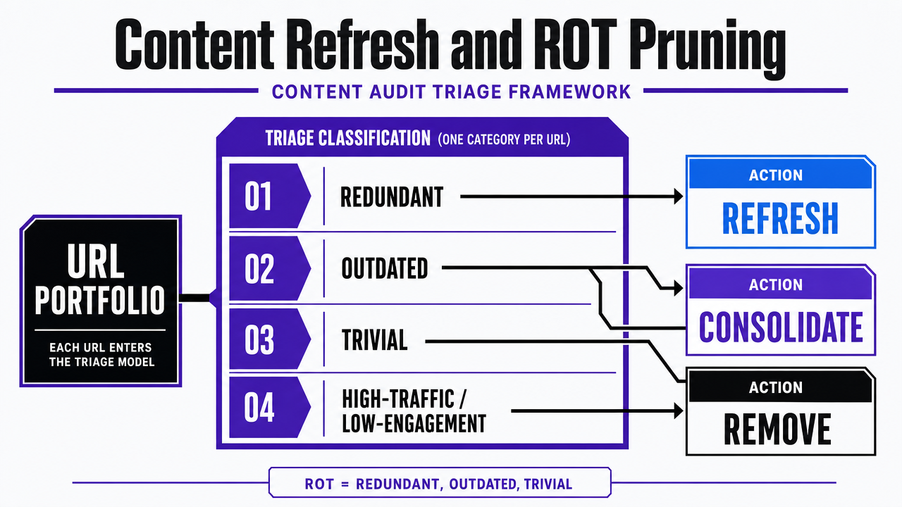 Visualize the four-category content audit triage framework cited from USDA guidance, which the section explicitly walks through as the operational decision model