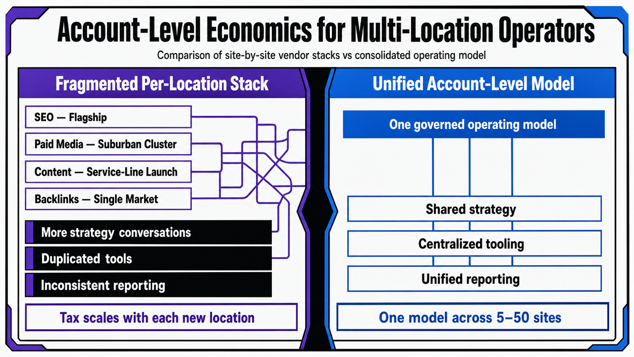Visualize the section's comparison table contrasting fragmented per-location vendor stacks against a unified account-level operating model, mirroring the cost drivers explicitly discussed in the prose