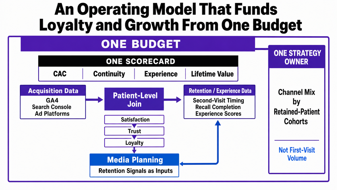 Process infographic visualizing the three-property unified operating model described in this section: one budget, one scorecard, one strategy owner, with the measurement stack feeding retention signals back into media planning
