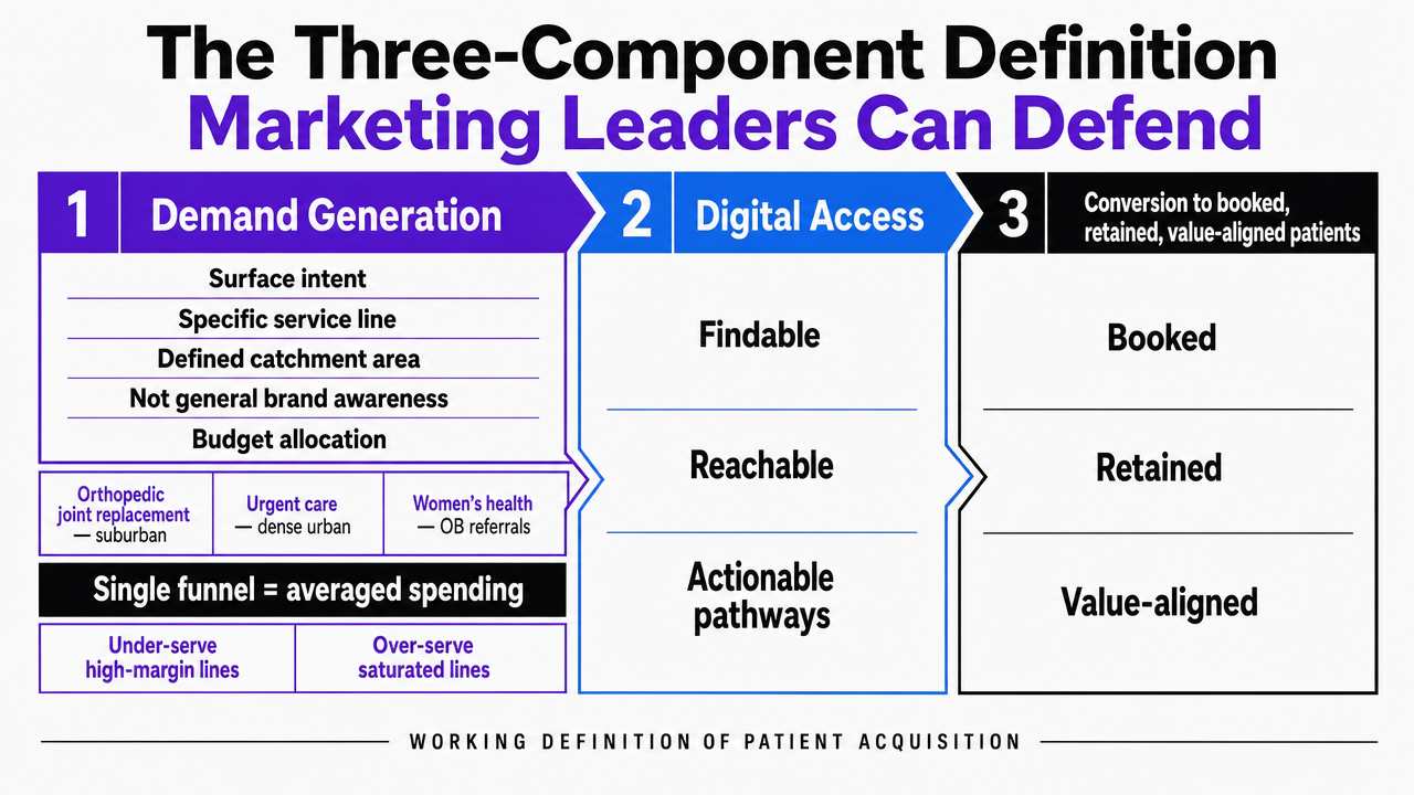 Visualize the three-component working definition of patient acquisition that the section explicitly structures: demand generation, digital access, and conversion to booked, retained, value-aligned patients