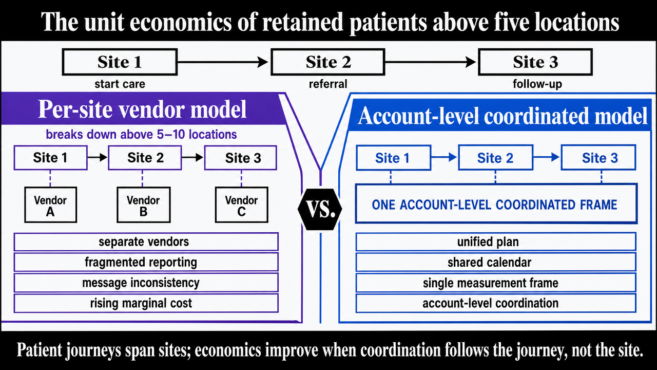 Visualize the comparison table contrasting per-site vendor model versus account-level coordinated model already present in the section's prose