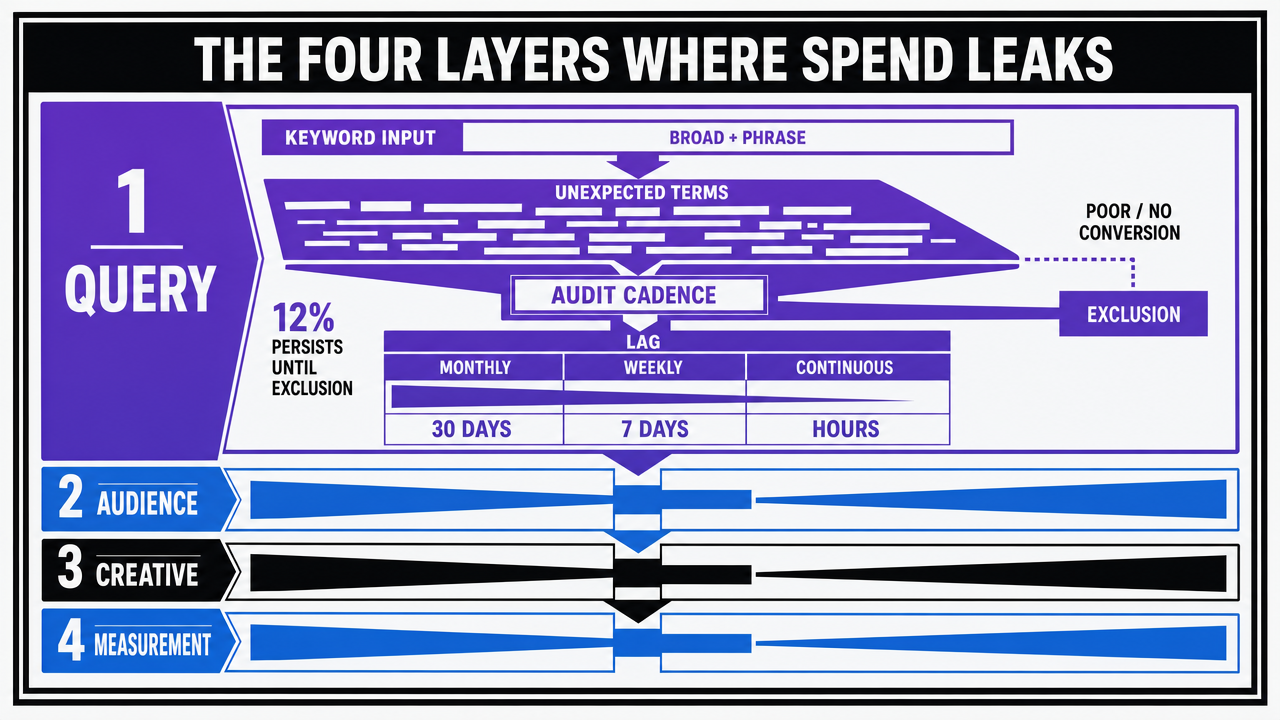 Visualize the four-layer waste framework introduced in this section, since the article explicitly enumerates Query, Audience, Creative, and Measurement layers as a comparison framework