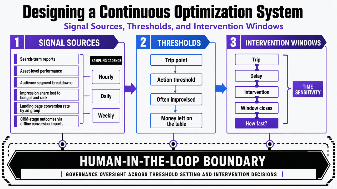 Visualize the three-part operating model (signal sources, thresholds, intervention windows) and the human-in-the-loop boundary that this section defines as a governance/operating framework