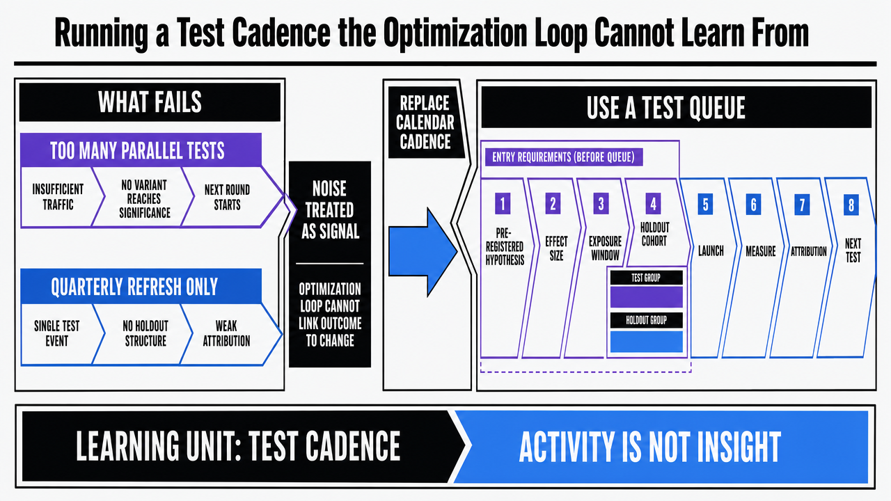 Translate the section's prescription (replace a calendar cadence with a queue requiring pre-registered hypothesis, effect size, exposure window, and holdout cohort) into a visual workflow so readers can see the operating model the article advocates
