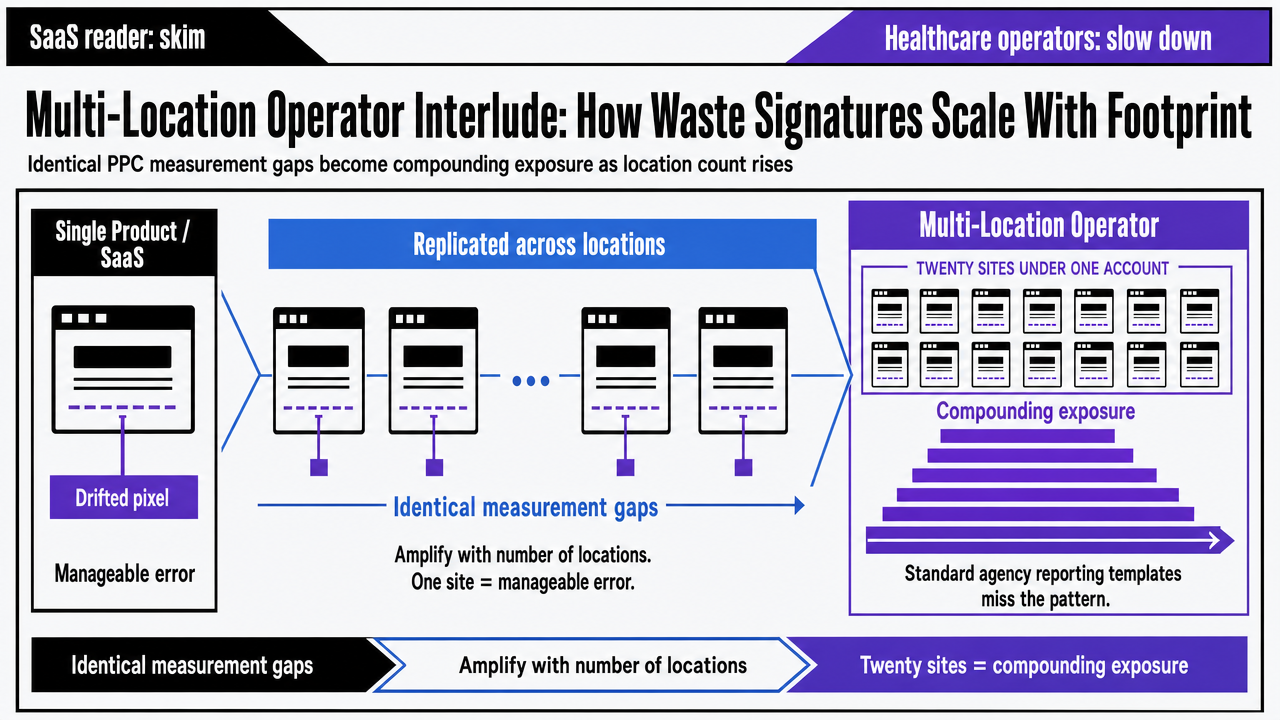 Visualize how identical PPC measurement gaps scale into dramatically different financial exposure as the number of locations increases, directly supporting the comparison table cited in this section