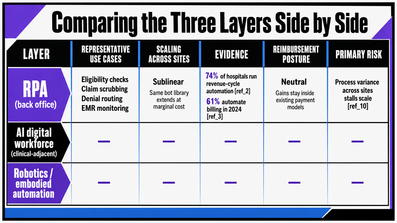 Visualize the three-layer comparison table that is central to the article's framework, showing scaling profiles, evidence, and reimbursement posture side by side