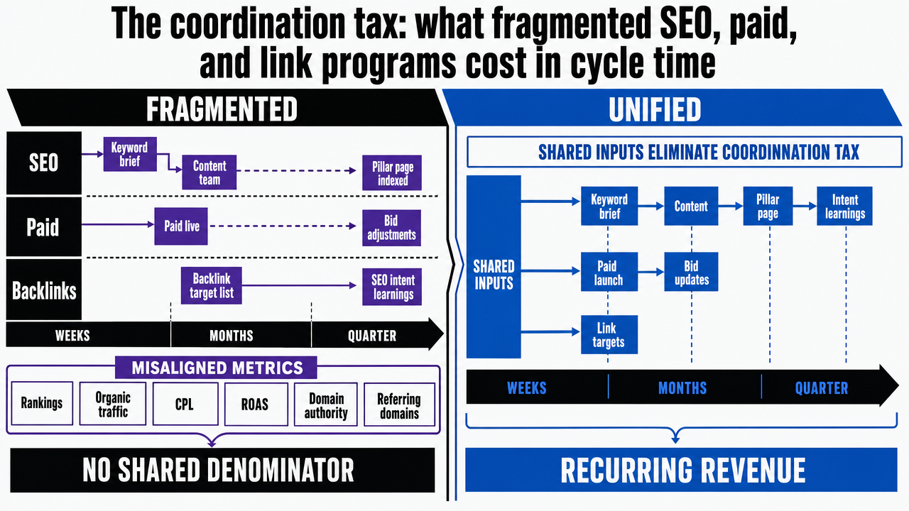 Visualize the comparison between fragmented vs unified channel operations described in the section, showing how shared inputs eliminate the coordination tax