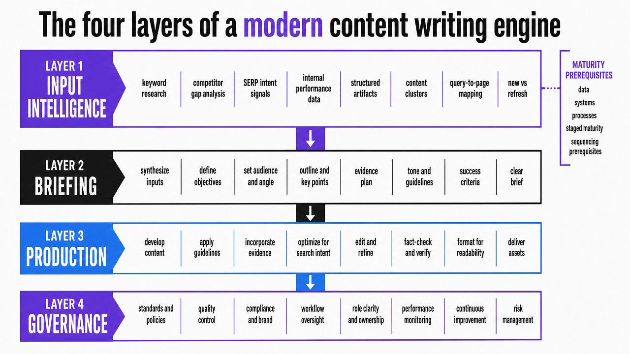 Visualize the four-layer engine architecture (Input Intelligence, Briefing, Production, Governance) described as the structural spine of the article