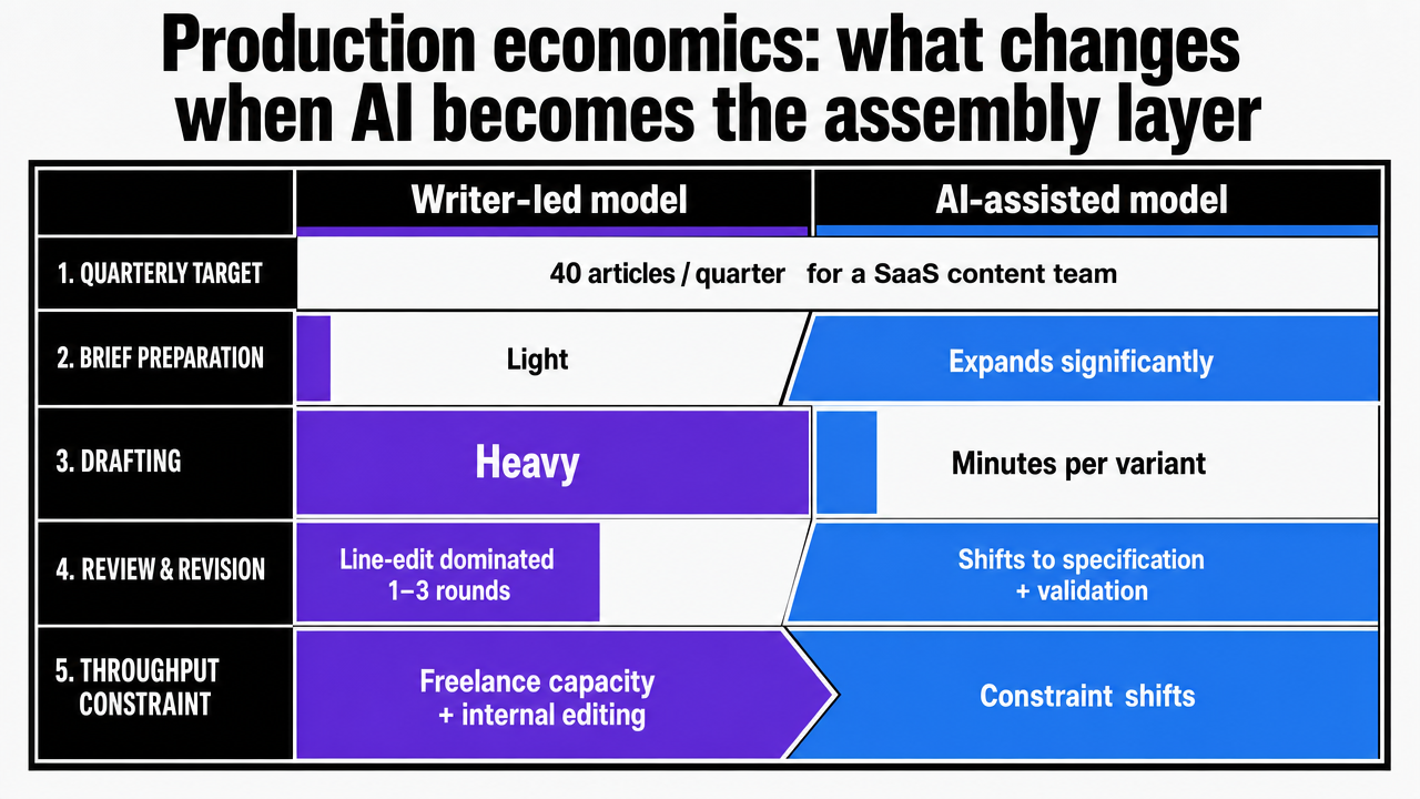 Visualize the comparison table contrasting writer-led versus AI-assisted production models across five operating variables, directly mirroring the table in the section