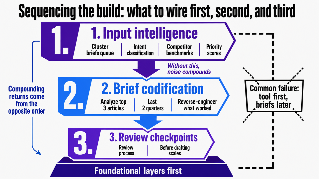 Visualize the cited three-step build sequence (input intelligence, brief codification, review checkpoints) which the section explicitly frames as the correct operational order