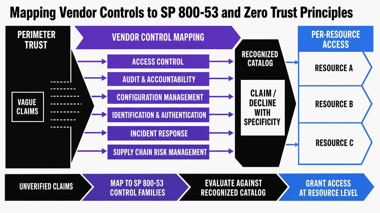 Visualizes the six SP 800-53 control families most relevant to a marketing vendor alongside the zero-trust shift from perimeter to per-resource access, supporting the section's specific governance argument