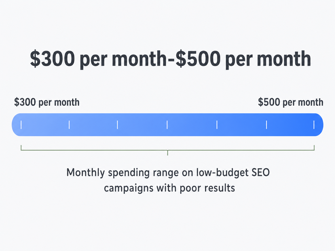 Infographic showing Monthly spending range on low-budget SEO campaigns with poor results: $300 per month-$500 per month