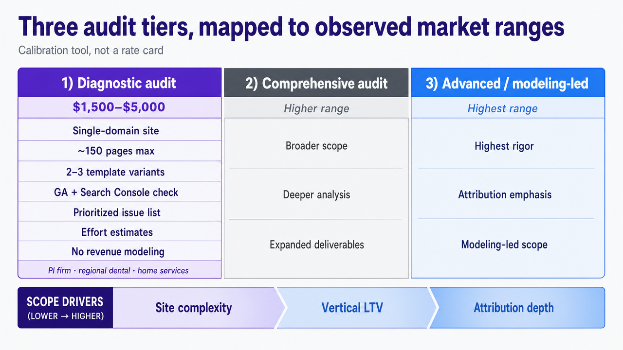 Summarize the three pricing tiers and their scope drivers introduced in this section so readers can calibrate against site footprint, attribution depth, and modeling rigor
