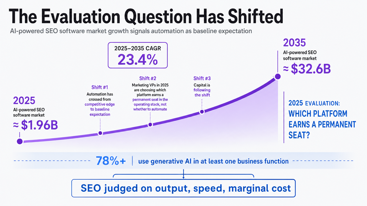 Visualize the projected growth of the AI-powered SEO software market cited in this section to reinforce why automation has crossed from competitive edge to baseline expectation