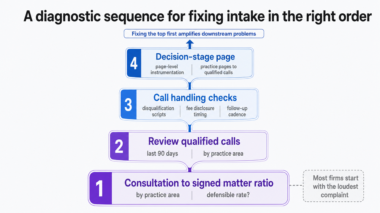 Visualize the bottom-up diagnostic sequence the section prescribes, since this is a clearly defined four-step workflow