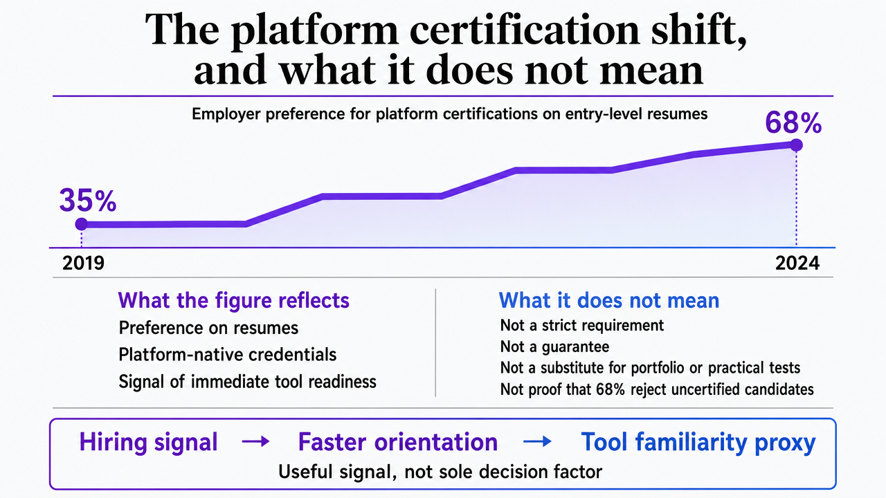 Visualize the documented rise in employer preference for platform certifications in entry-level hiring, which is the central data point discussed in this subsection