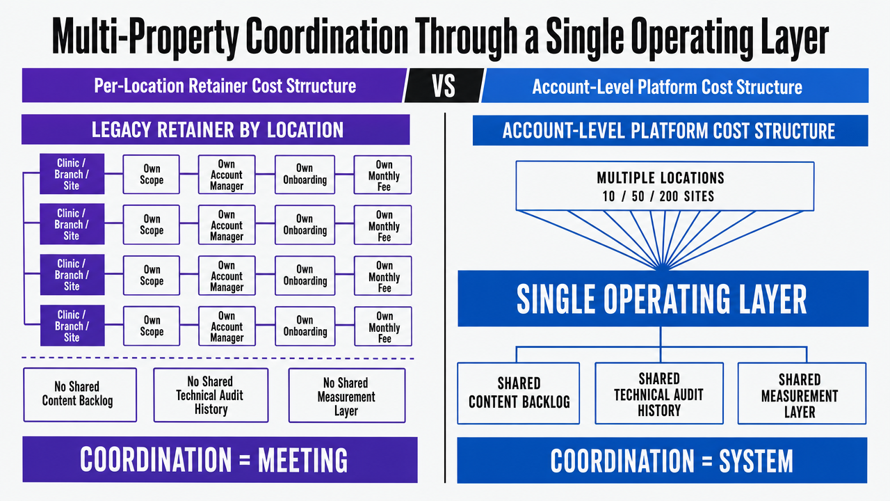 Visualize the comparison table in this section showing per-location retainer cost structure versus account-level platform cost structure
