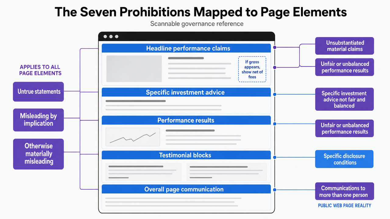 Visualize the seven Marketing Rule prohibitions mapped to specific page elements as described in this section, giving principals a scannable governance reference