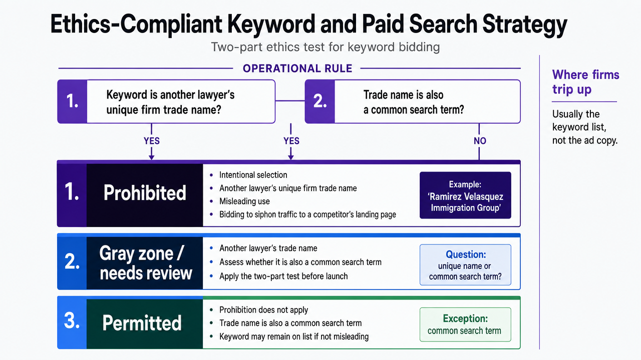 Visualize the two-part ethics test for keyword bidding described in the section, comparing prohibited, gray-zone, and permitted keyword categories with examples drawn directly from the article prose