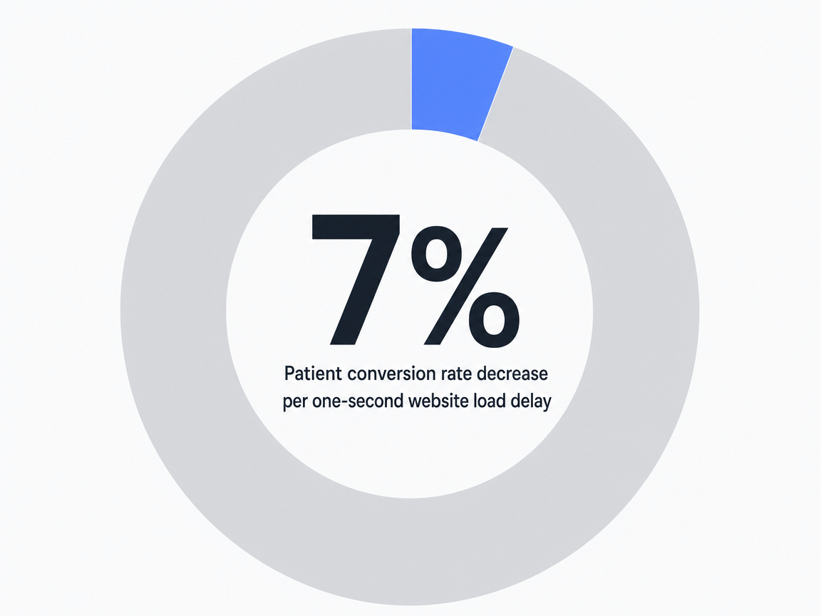 Infographic showing Patient conversion rate decrease per one-second website load delay: 7%