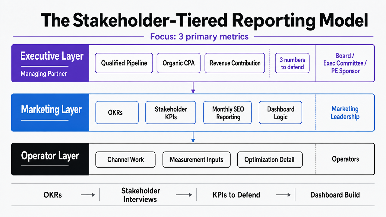 Visualize the three-tier reporting model (Executive, Marketing, Operator) which is the central framework of this section, showing what metrics belong in each layer and who consumes them