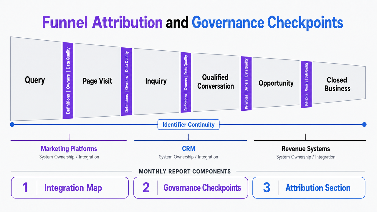 Visualize the governance-based attribution workflow described in this section, showing the funnel stages and governance checkpoints between them as referenced from the BlueSnap case study