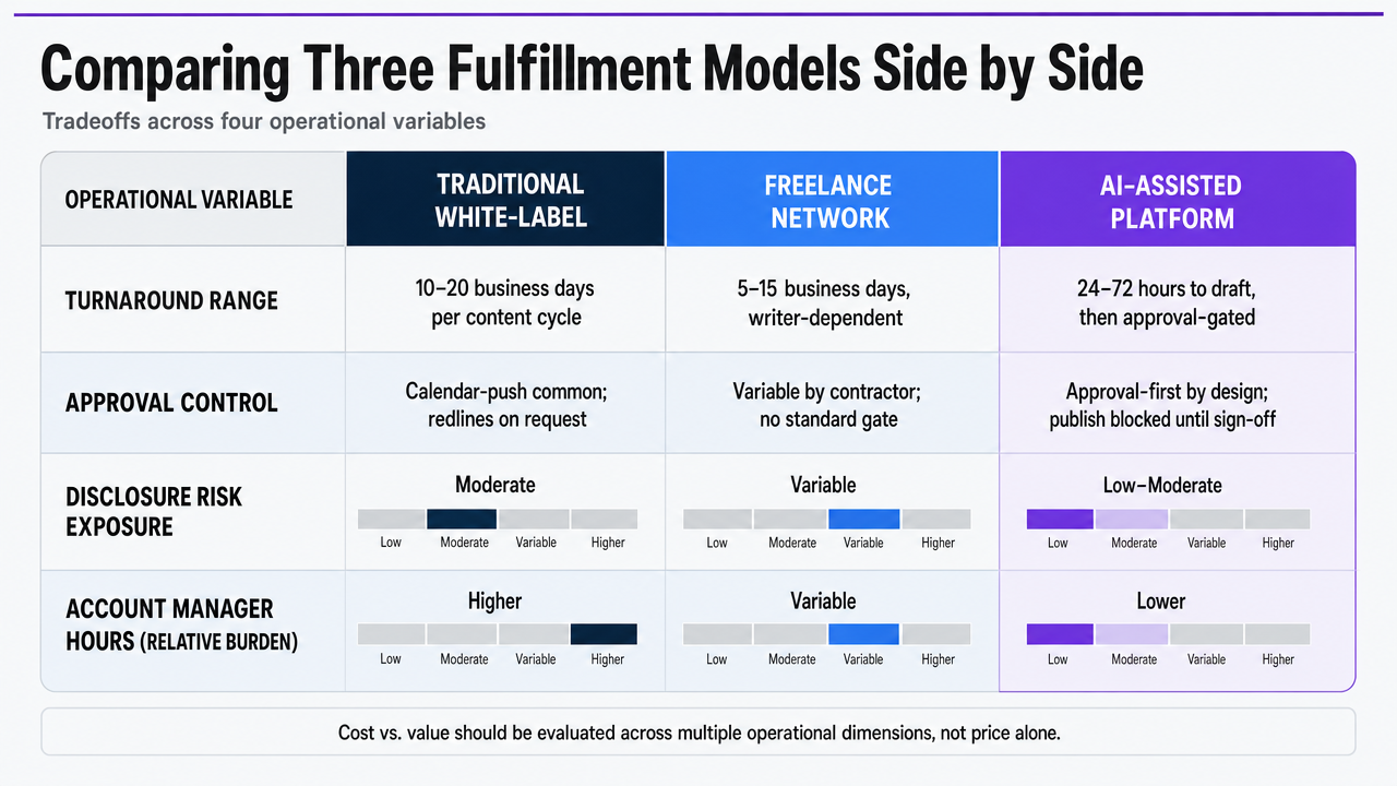 Visualize the comparison table of three fulfillment models across four operational variables to make tradeoffs scannable