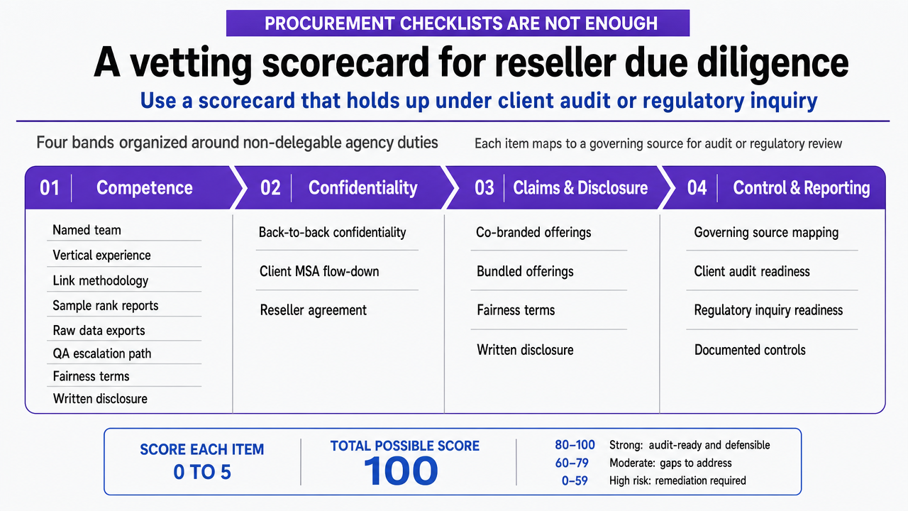 Visualize the four-band scorecard framework (Competence, Confidentiality, Claims & Disclosure, Control & Reporting) that the section explicitly defines as the vetting structure