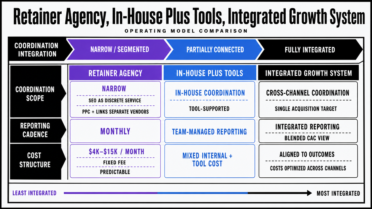Visualize the three operating models compared in this section across coordination scope, reporting cadence, and cost structure — directly supporting the comparison the section walks through