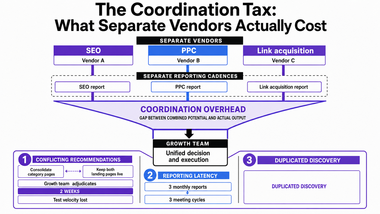 Visualize the three named components of the coordination tax the section defines (conflicting recommendations, reporting latency, duplicated discovery), reinforcing the section's framework without inventing statistics